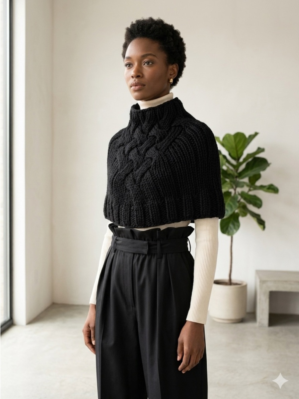 Sunghee Bang (Barneys New York) Black Chunky Knit Capelet Poncho